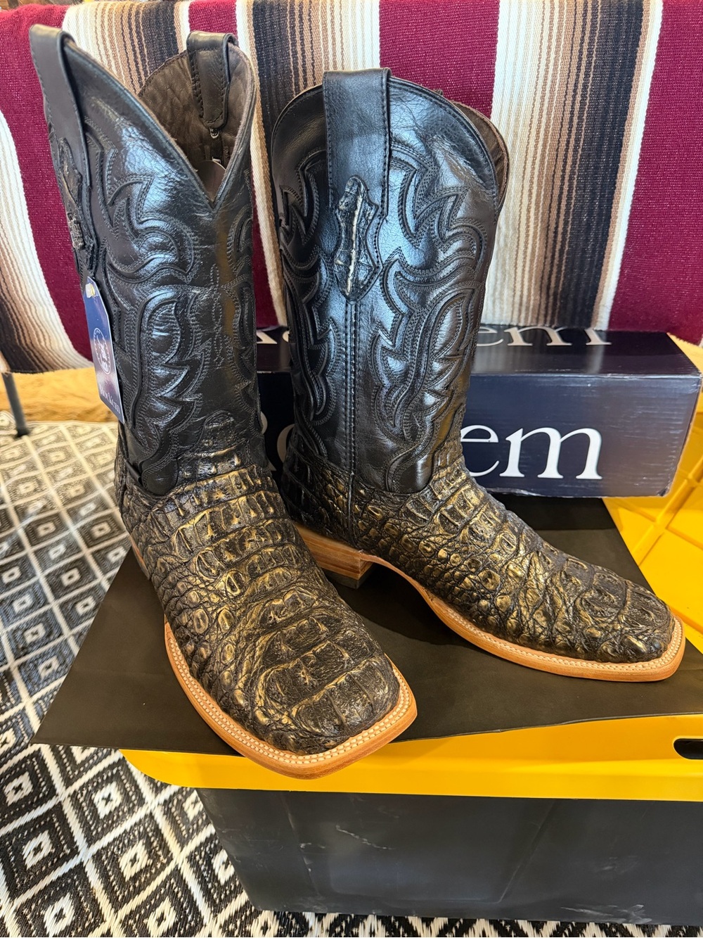 Rockem Bruce caiman horn back square toe boot